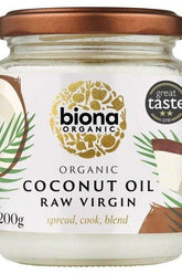 Biona Organic Raw Virgin Coconut Oil in a jar, perfect for cooking, baking, and beauty uses.